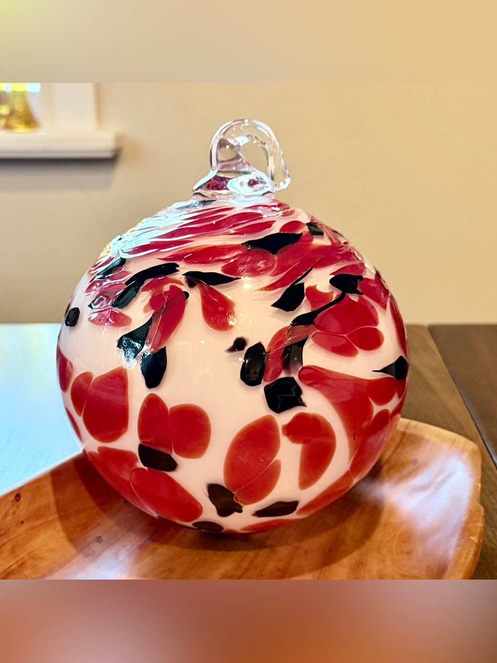 Hand-Blown Glass Orb Ornament in White, Red & Black Friendship ball